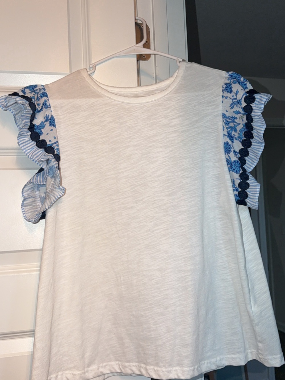 White Flutter Sleeve Top with Blue Floral Trim - Women